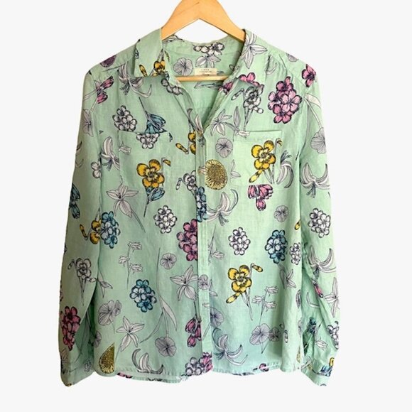 Charter Club Luxury Green Floral 100% Linen Button Down Top Large - Picture 1 of 5